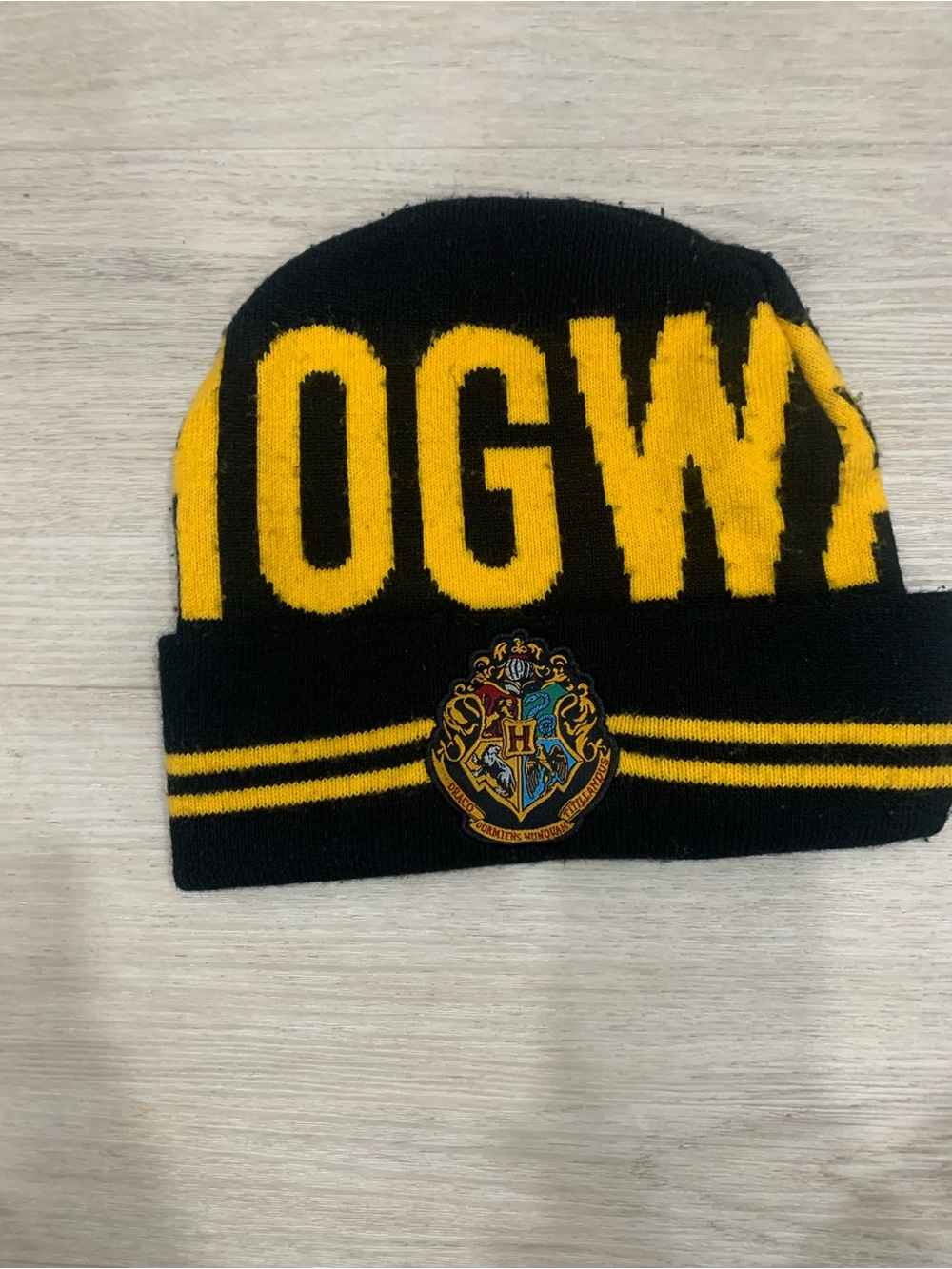 Black & Yellow Knit Beanie Hat with Crest